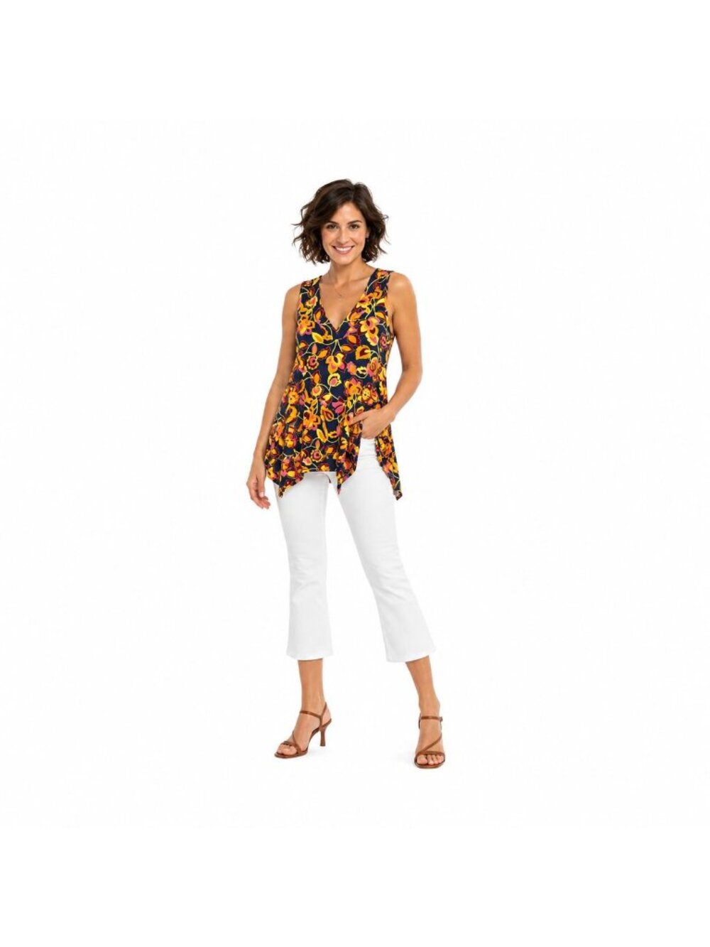 2/$30 New ModCloth XXS Floral Sleeveless Handkerchief Hem Top Navy Yellow Pink